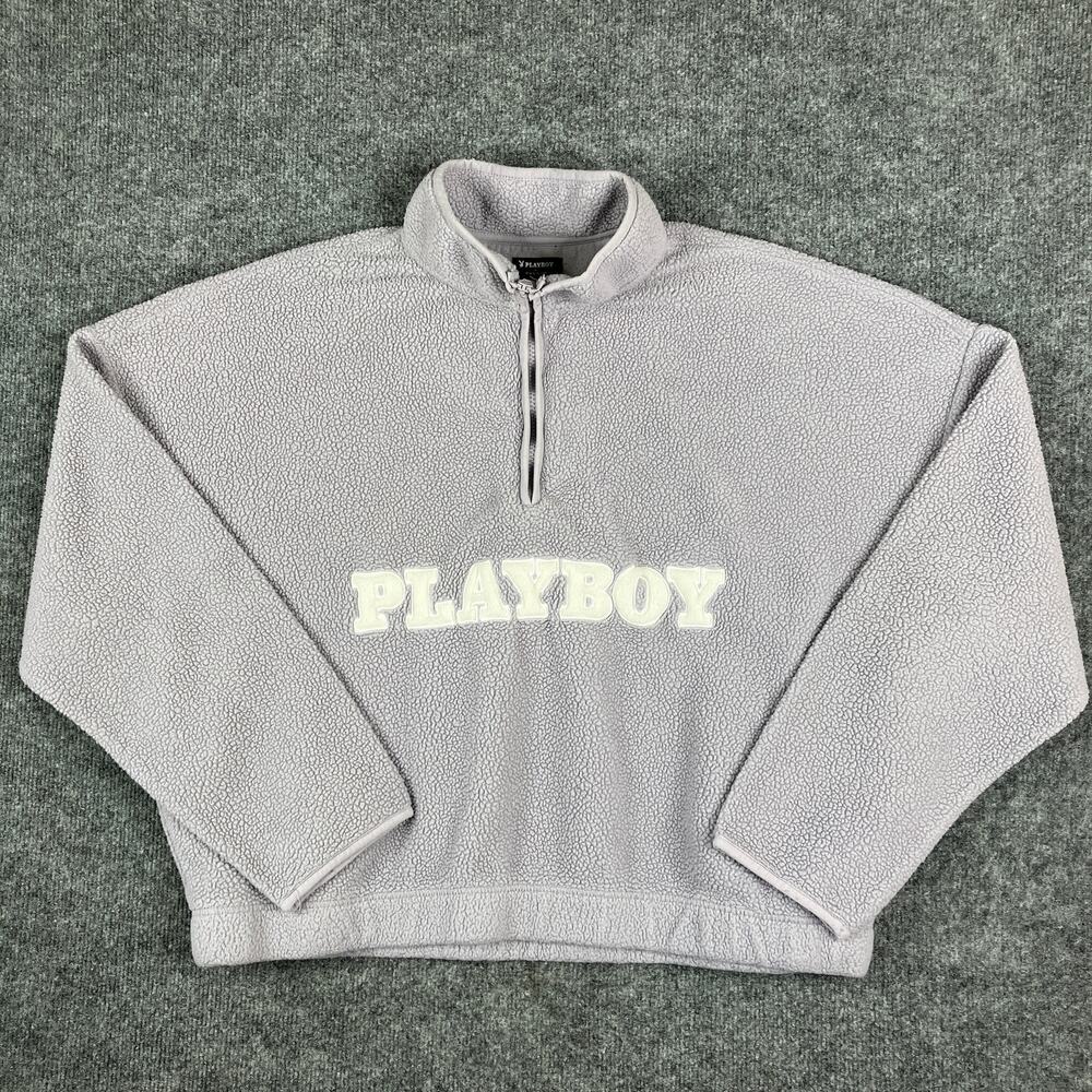 PLAYBOY Light Gray Fleece Cowl Zip Pullover with White Logo